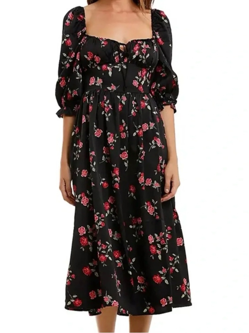 For love and lemons black floral midi dress sweatheart ruffle cottagecore medium